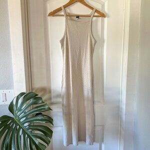 Beige Ribbed Bodycon Midi Dress, Old Navy Sleeveless Spaghetti Strap Dress